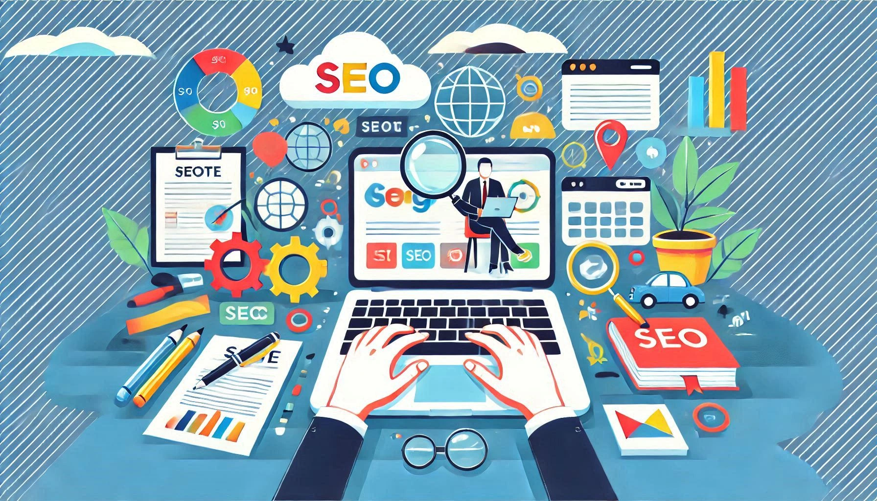 A colorful illustration showcasing various SEO elements, including a laptop, magnifying glass, gears, charts, and tools, symbolizing the dynamic process of search engine optimization (SEO).